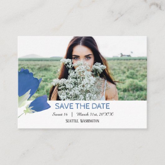 Blauer Tulip, Blütensüß 16 Save the Date Karte (Vorderseite)