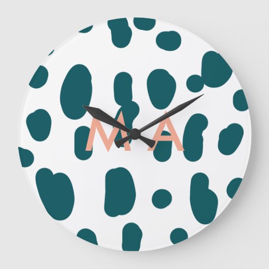 Blauer Tupfen orangefarbener Pastell-Monogramm-Man Große Wanduhr (Vorderseite)
