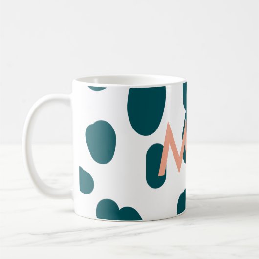 Blauer Tupfen orangefarbener Pastell-Monogramm-Man Kaffeetasse (Links)
