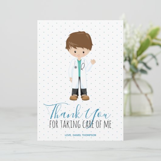 Blauer Typografie Polka Dot Dankeskarte (Stehend Vorderseite)