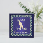 Blauer u. beige DAMAST erste heilige Kommunion Einladung (Stehend Vorderseite)