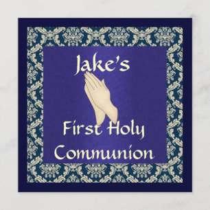 Blauer u. beige DAMAST erste heilige Kommunion Einladung