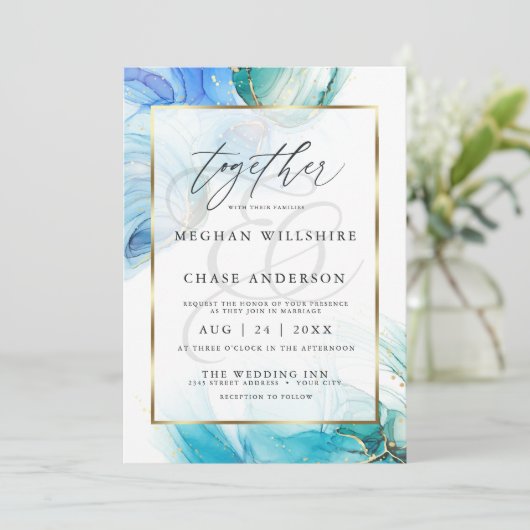 Blauer und Aquamariner Marmorschlauch Einladung (Stehend Vorderseite)