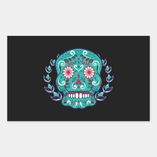 Blauer und Aquamariner Zuckerschädel Laurel Leaf Rechteckiger Aufkleber (Vorderseite)