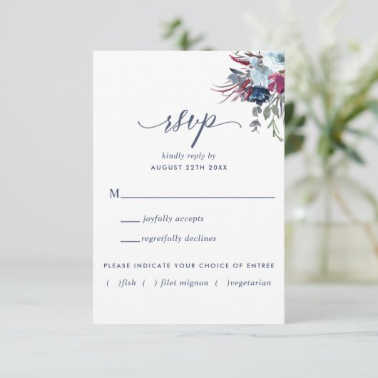 Blauer und Berry Floral mit/ohne Mahlzeiten UAWG RSVP Karte (Stehend Vorderseite)