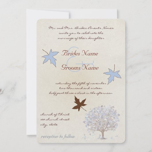 Blauer und brauner Baum Einladung zur Hochzeit (Rückseite)
