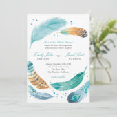 Blauer und brauner Feather Wedding Einladung (Stehend Vorderseite)