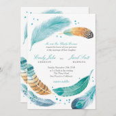 Blauer und brauner Feather Wedding Einladung (Vorne/Hinten)
