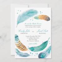 Blauer und brauner Feather Wedding Einladung