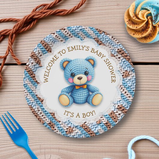Blauer und brauner gehäkelter Teddybär It's a Boy Pappteller