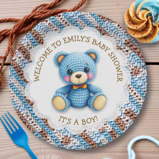 Blauer und brauner gehäkelter Teddybär It's a Boy Pappteller