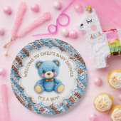 Blauer und brauner gehäkelter Teddybär It's a Boy Pappteller (Party)