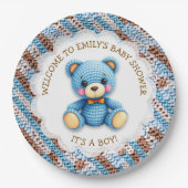 Blauer und brauner gehäkelter Teddybär It's a Boy Pappteller (Vorderseite)