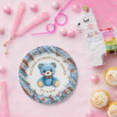 Blauer und brauner gehäkelter Teddybär It's a Boy Pappteller (Party)