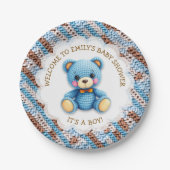 Blauer und brauner gehäkelter Teddybär It's a Boy Pappteller (Vorderseite)