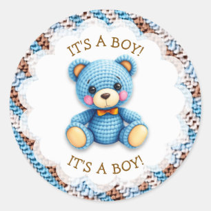 Blauer und brauner gehäkelter Teddybär It's a Boy Runder Aufkleber