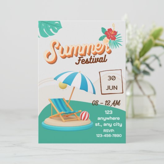 Blauer und brauner Sommer Beach Party Poster Einladung (Stehend Vorderseite)