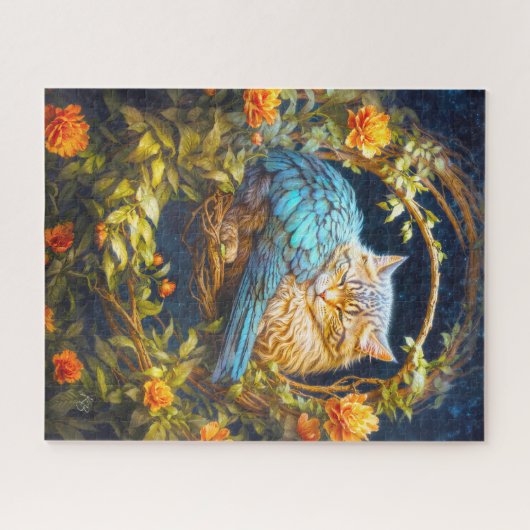 Blauer und brauner Tabby Katze mit Federn Puzzle (Horizontal)