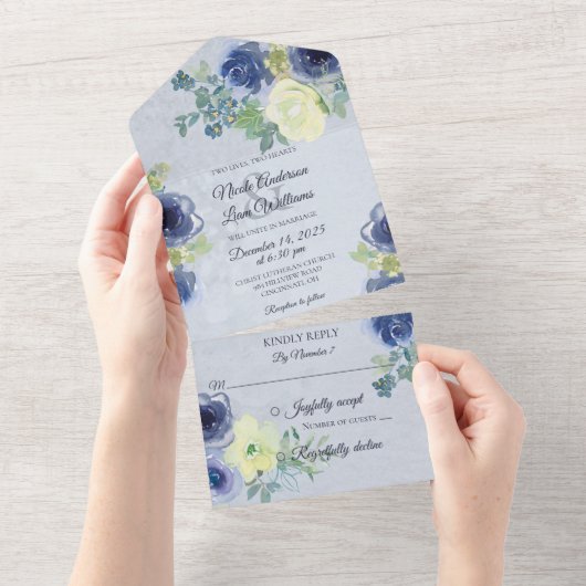 Blauer und Elfenbeinblauer Rose All In One Einladung (Abreißen)