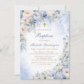 Blauer und Elfenbeiner Blume Taufe Einladung (Vorderseite)