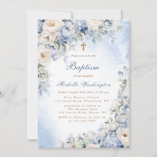 Blauer und Elfenbeiner Blume Taufe Einladung (Vorderseite)