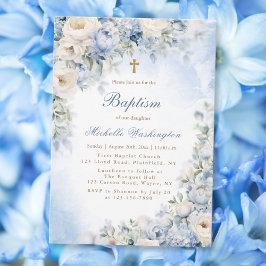 Blauer und Elfenbeiner Blume Taufe Einladung