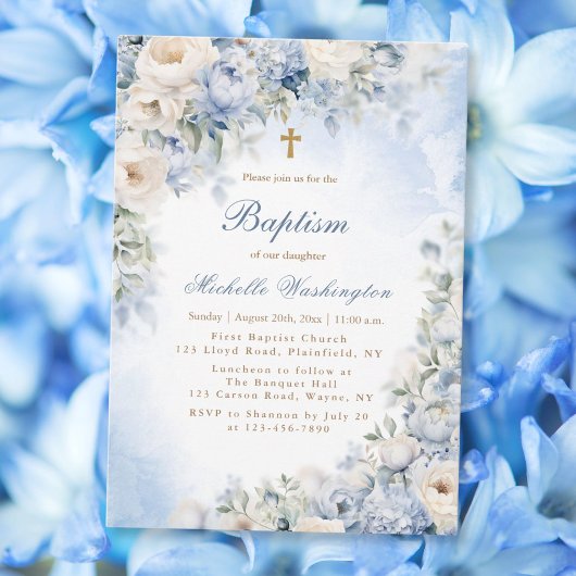 Blauer und Elfenbeiner Blume Taufe Einladung