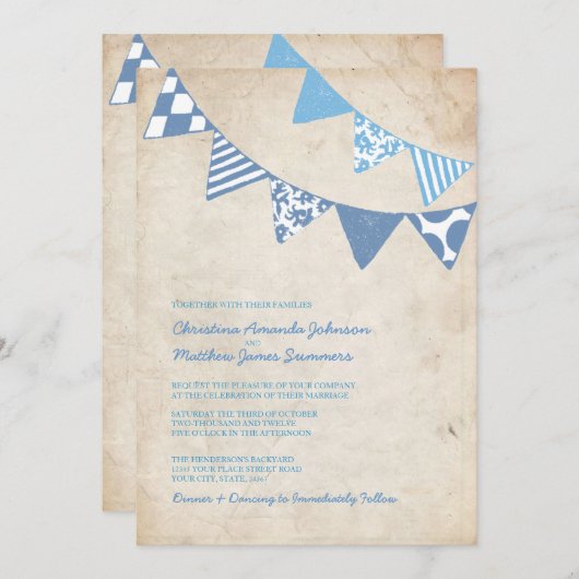 Blauer und Elfenbeinfliese Hochzeitsfeiern Einladung (Vorne/Hinten)