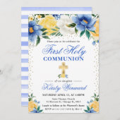 Blauer und gelbe Blumen Erste Heilige Kommune Einladung (Vorne/Hinten)
