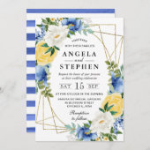 Blauer und gelbe Blumen Goldrahmen Hochzeit Einladung (Vorne/Hinten)