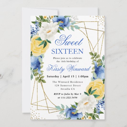 Blauer und gelbe Blumen Goldrahmen Sweet 16 Einladung (Vorderseite)
