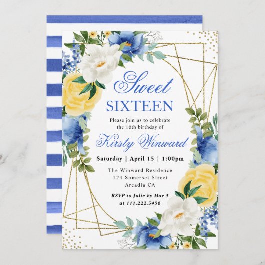 Blauer und gelbe Blumen Goldrahmen Sweet 16 Einladung (Vorne/Hinten)