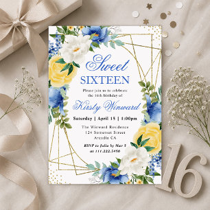Blauer und gelbe Blumen Goldrahmen Sweet 16 Einladung