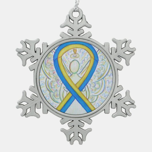 Blauer und gelber Angel Schneeflocken Zinn-Ornament (Vorderseite)