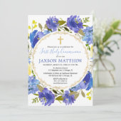 Blauer und gelber Blumenstrauß Erste Heilige Kommu Einladung (Stehend Vorderseite)