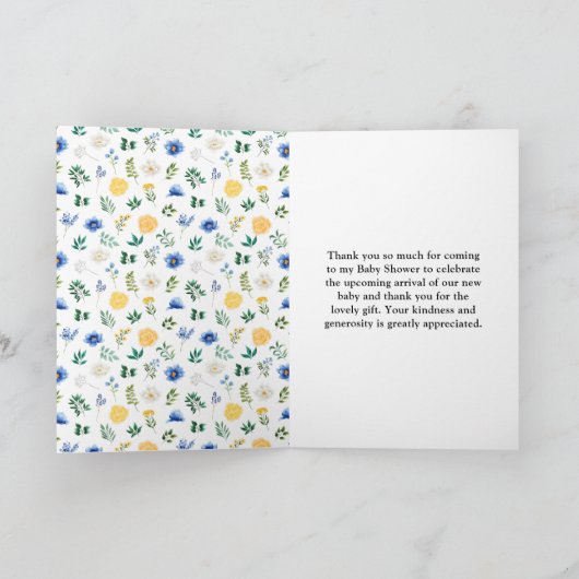 Blauer und gelber Blütenbaby-Dusche Dankeskarte (Innenseite)