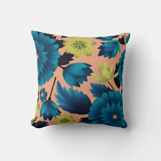 Blauer und gelber Blütenboden auf Pfirsichuntergru Kissen