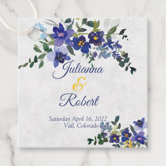 Blauer und gelber Hochzeitskalender Geschenkanhänger (Vorderseite)