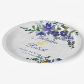 Blauer und gelber Hochzeitskalender Pappteller (Schrägansicht)