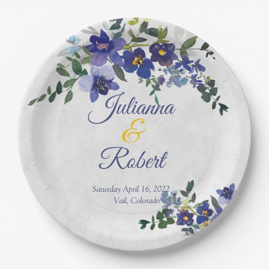 Blauer und gelber Hochzeitskalender Pappteller (Vorderseite)