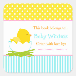 Blauer und gelber Kick Baby Duschkopf Buchzeichen Quadratischer Aufkleber