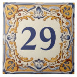 Blauer und gelber Mittelmeerraum Hausnummer Plaque Fliese<br><div class="desc">"custom house number sign",  "personalized house number plaque",  "personal customized text plate",  "spanisch design kertile",  "mexican latino hispanic style",  "portugiesisch italienisch traditionelle Volkskunst",  "blue gelb dekorative nate no",  "gold cremefarben marinavy white",  "villa casa del della",  "antique vintage mediterranea abstracie ""</div>
