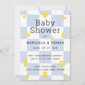 Blauer und gelber Schachbrett Kinderdusche Einladung (Vorderseite)