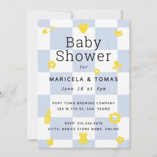 Blauer und gelber Schachbrett Kinderdusche Einladung (Vorderseite)