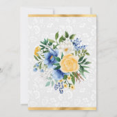 Blauer und gelber Sommer Blume Goldene Foil Hochze Einladung (Rückseite)