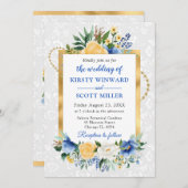 Blauer und gelber Sommer Blume Goldene Foil Hochze Einladung (Vorne/Hinten)