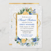 Blauer und gelber Sommer Blume Goldener Foil Sweet Einladung (Vorne/Hinten)
