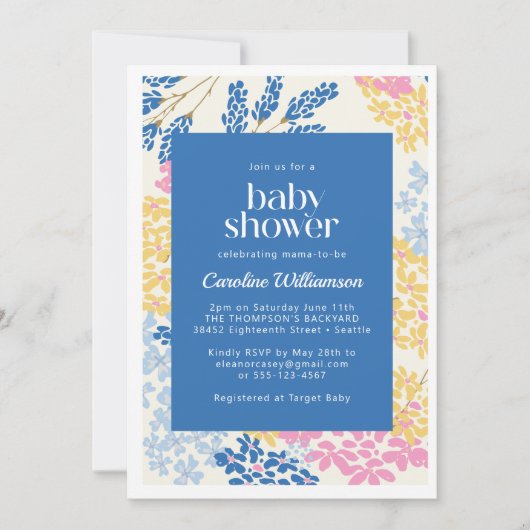 Blauer und gelber Sommer Ditsy-Blume Kinderdusche Einladung (Vorderseite)
