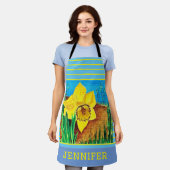 Blauer und gelber Streifen Blütenüberdruck Schürze (Getragen)