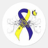 Blauer und gelber Streifen mit Butterfly Runder Aufkleber (Vorderseite)